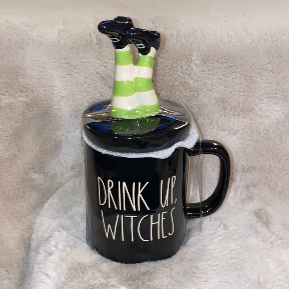 Rae Dunn halloween mug with Topper- Drink up witches- green stripped legs up